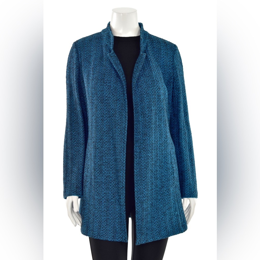 St. John Wool Linen Silk Boucle Collared Open Front Blazer Jacket Womens Size 12